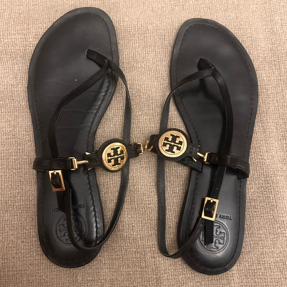 Tory Burch Black Leather Logo Embellished Flat Thong Slingback Sandals
